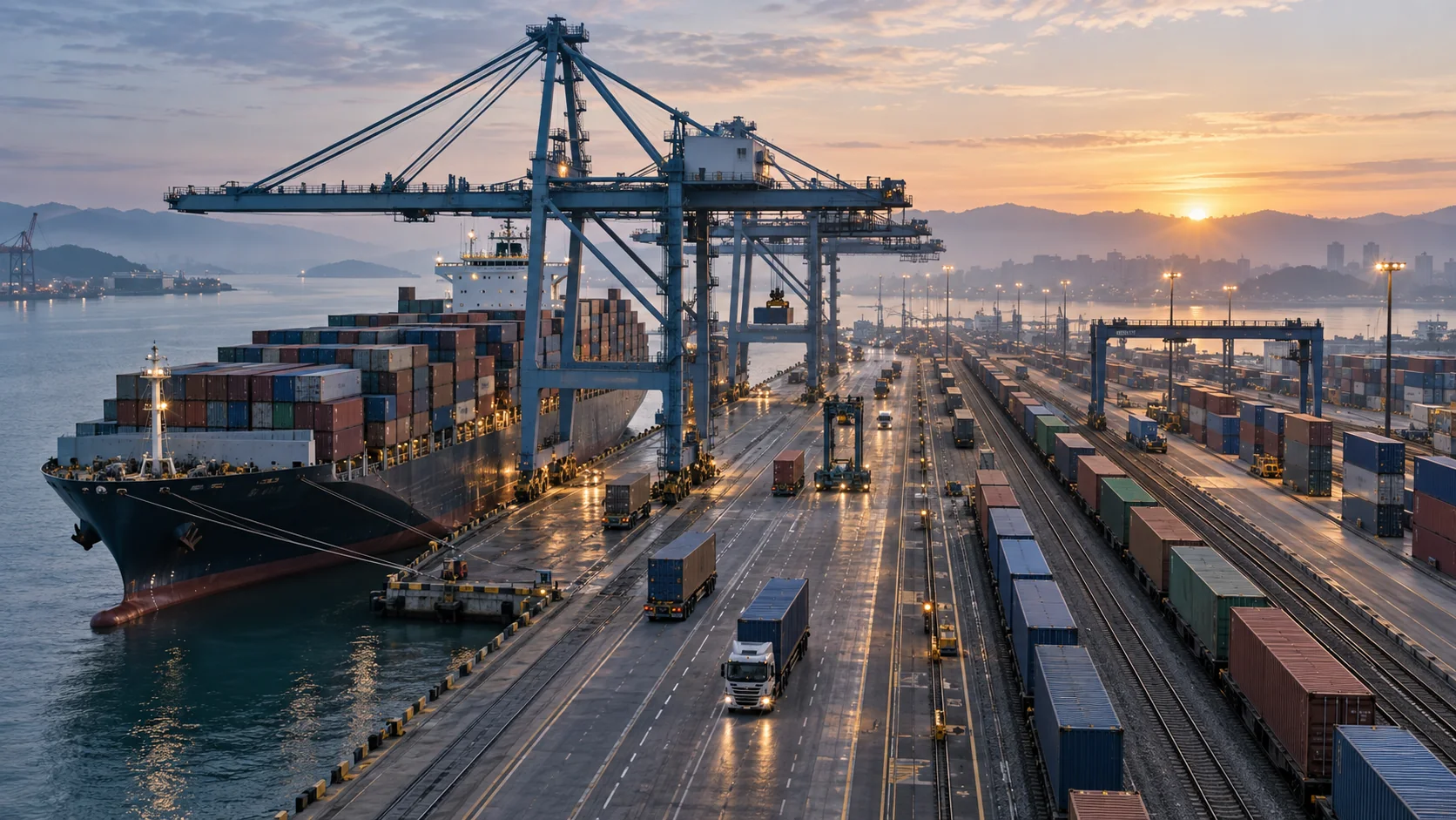 Container ship, cranes, trucks and rail freight moving through a port at sunset