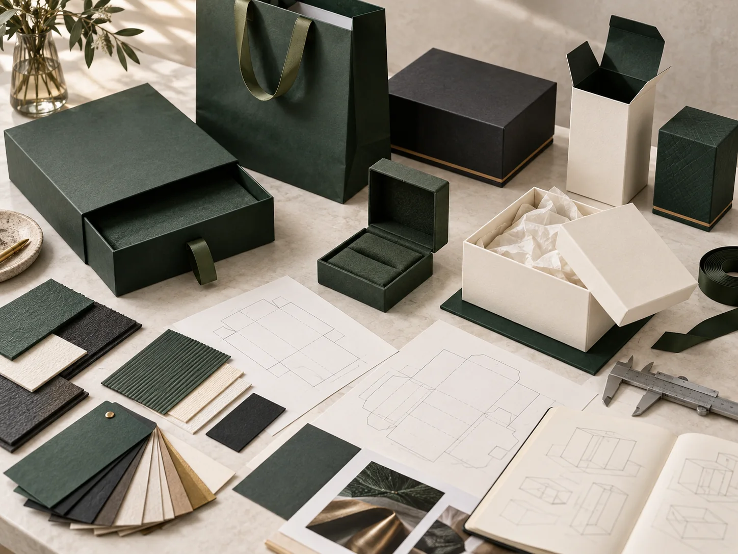 Custom packaging prototypes, material samples and structural drawings for VyPack sourcing work