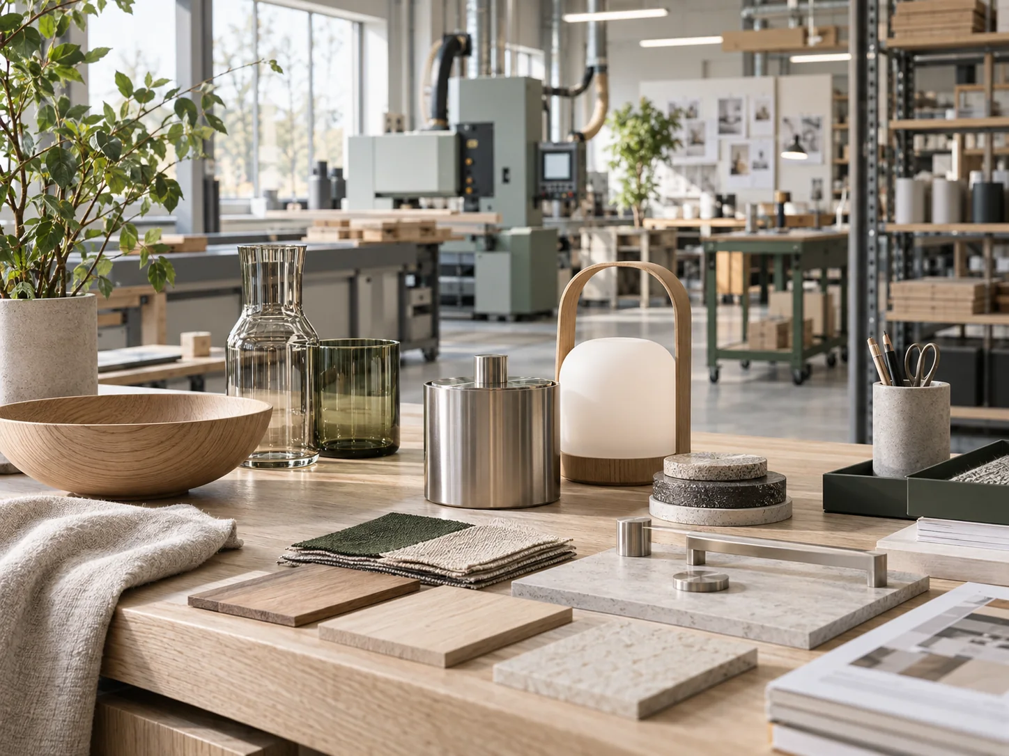 European design workshop with product prototypes, material samples and production equipment