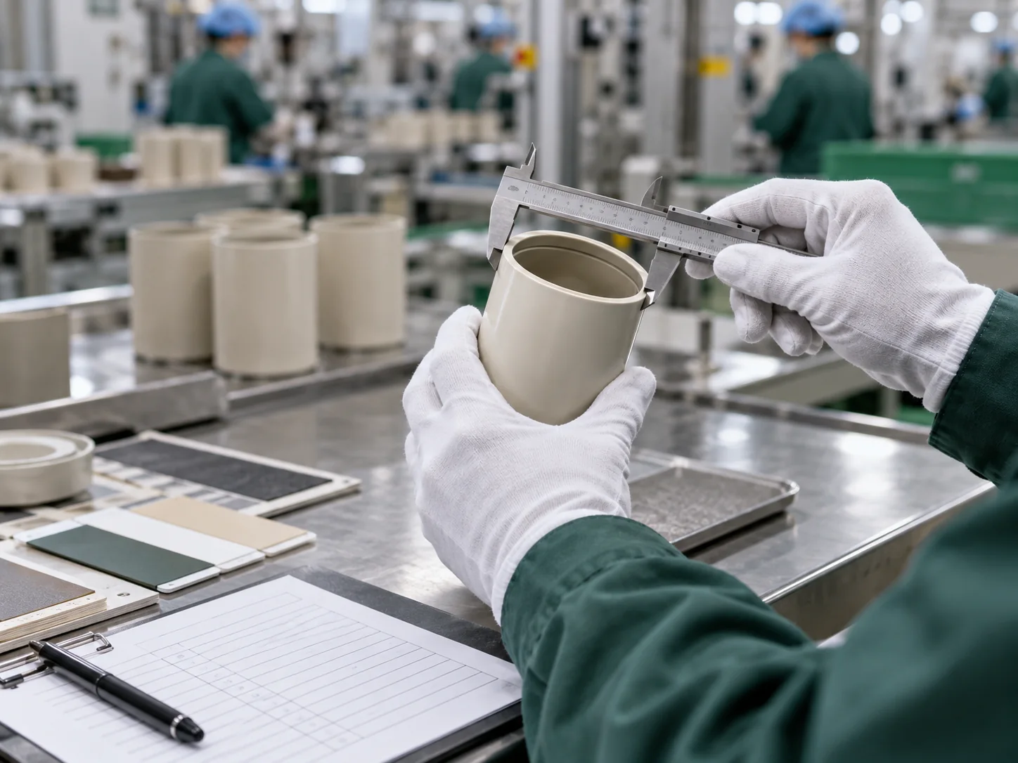 Quality technician measuring a manufactured component on a production line