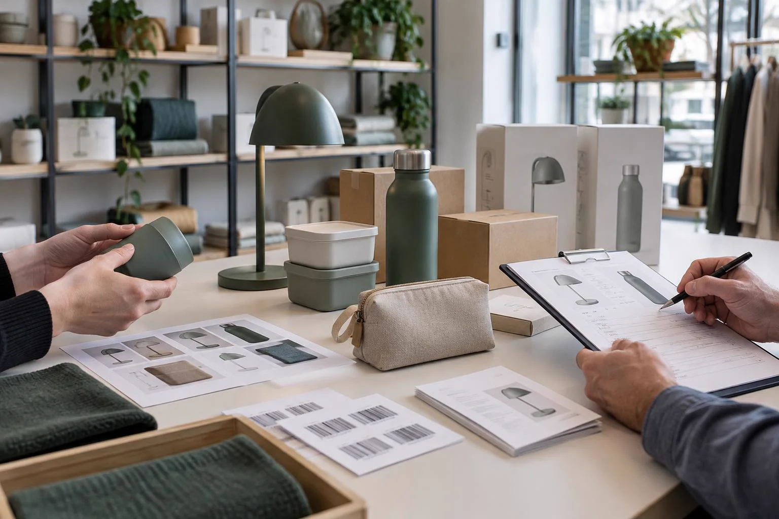 Consumer product samples, cartons, labels and documents being reviewed for European distribution