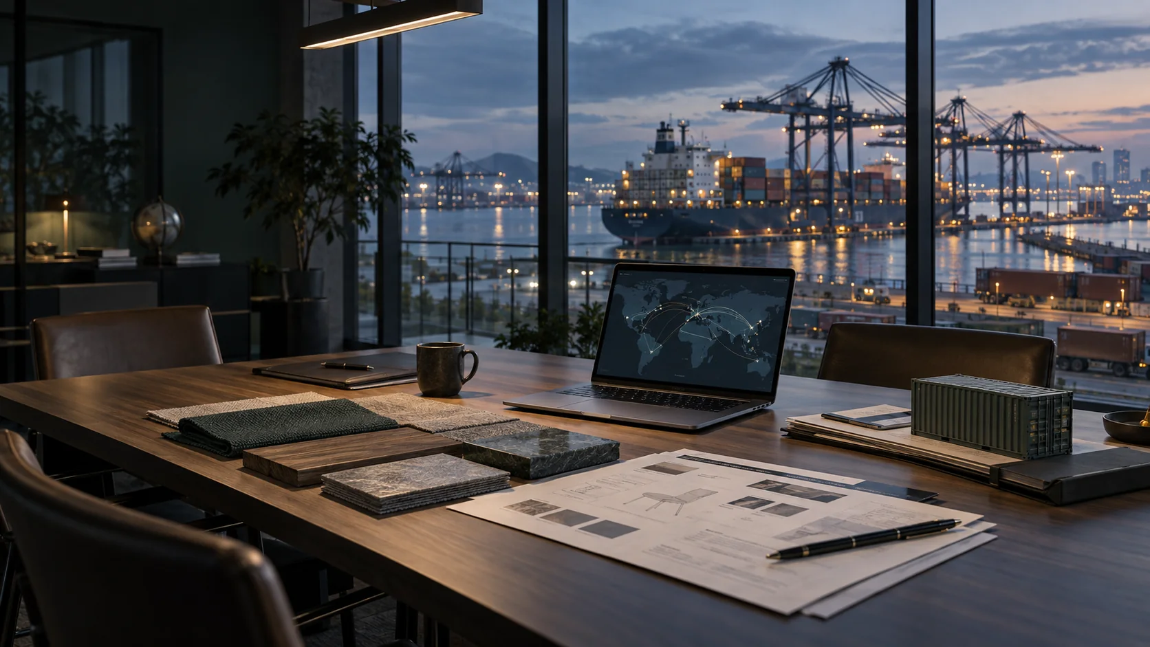 Cross-border sourcing studio overlooking a working container port at dusk